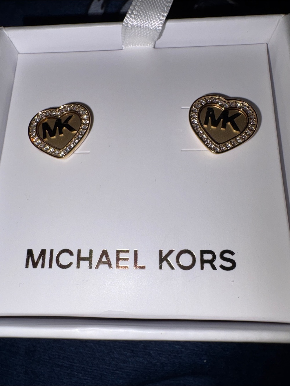 Michael Kors Gold Heart MK Logo Crystal Stud Earrings